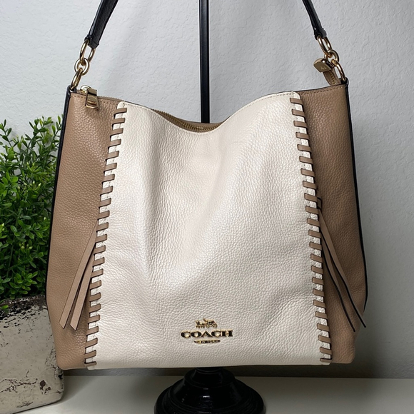 Coach Handbags - Coach Marlon Hobo Shoulder Bag Colorblock Whipstitch Tan & Cream Leather #91156